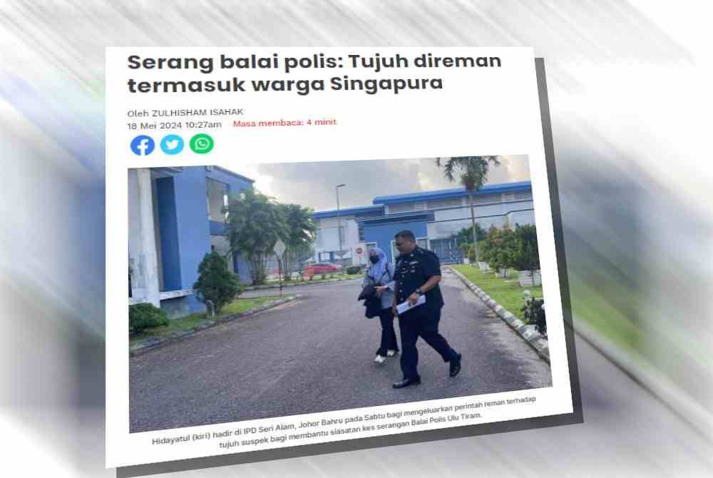 Sebelum ini Sinar Harian melaporkan tujuh termasuk seorang warga Singapura direman selama tujuh hari bermula Sabtu bagi membantu siasatan kes serangan Balai Polis Ulu Tiram di sini pada Jumaat yang mengorbankan dua anggota polis.