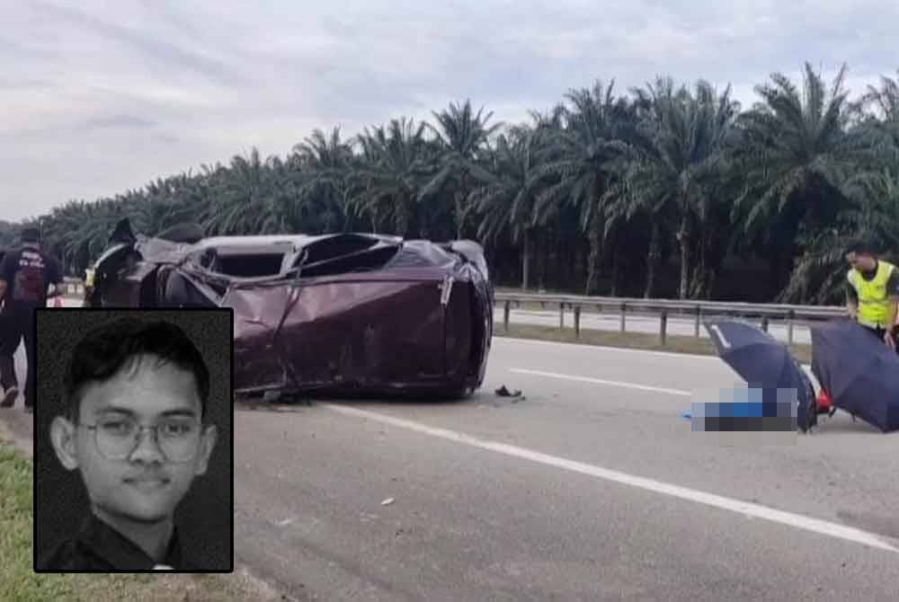 Keadaan Produa Alza yang dinaiki penuntut UMT selepas terbabit kemalangan Kilometer 312.4 Lebuh Raya Pantai Timur 2 (LPT2), dekat Kijal, di Kemaman pada petang Jumaat. Gambar kecil: Muhamad Fathol Harris