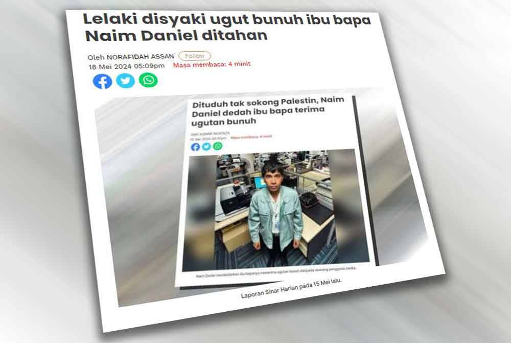 Polis menahan seorang lelaki di Kemunting, Perak selepas disyaki membuat ugutan bunuh kepada ibu bapa penyanyi dan pelakon, Naim Daniel di media sosial pada Jumaat.