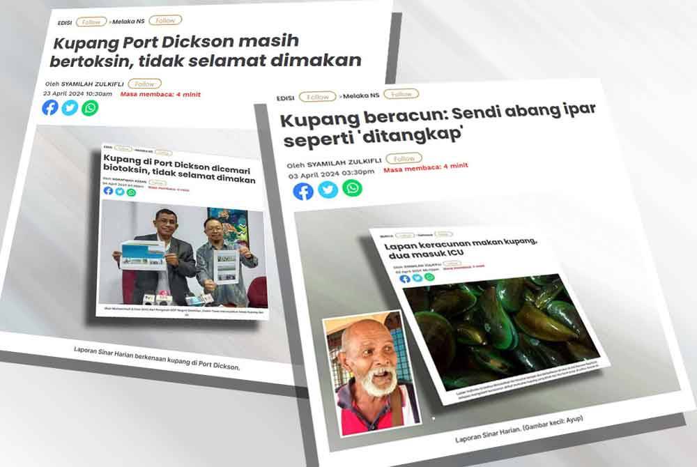 Laporan Sinar Harian berkenaan kes kupang beracun di Port Dickson.