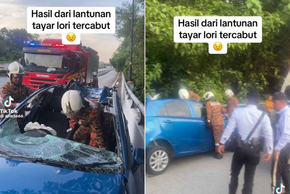 Tangkap layar video tular memaparkan keadaan Proton Iriz yang dipandu mangsa mengalami kerosakan teruk pada bahagian bumbung hadapan.