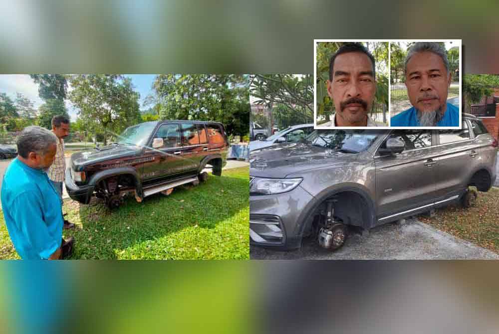 Mohamad Din (kiri sekali) bersama Badrul Hisham melihat keadaan pacuan empat roda yang hilang tayar dan rim dalam kejadian malam tadi. Gambar kanan: Proton X70 antara tiga kenderaan yang menjadi sasaran pencuri. (Gambar kecil: Badrul Hisham Shahbudin dan Mohamad Din Md Tahir)