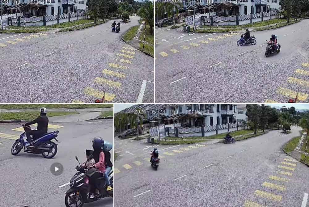 Tangkap layar video kejadian seorang wanita diragut suspek menunggang motosikal di Taman Bandar Senawang.