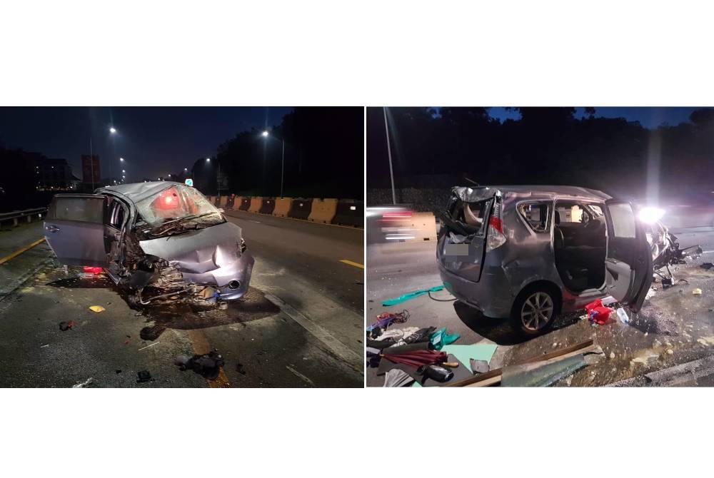 Keadaan Perodua Alza dinaiki lima individu dalam kemalangan di Kilometer 302 Lebuhraya Utara-Selatan, dekat sini pada Sabtu.