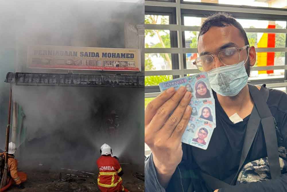 Pasukan bomba sedang berusaha memadamkan api di premis rumah kedai di Balik Pulau pada pagi Sabtu. Rashid (kanan) menunjukkan kad pengenalan ibu, abang dan adiknya yang maut dalam kebakaran tersebut.