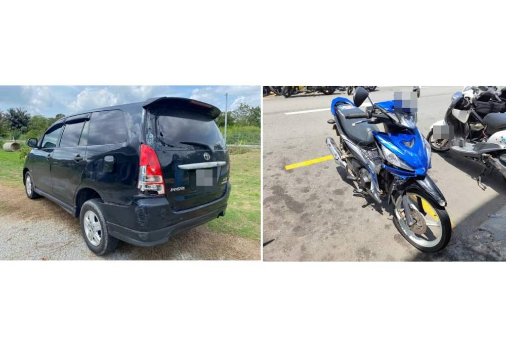 Toyota Innova dan motosikal mangsa yang terlibat dalam kemalangan di kilometer 20 Jalan Kuala Pilah-Simpang Pertang pada 17 Mei lalu. Foto PDRM