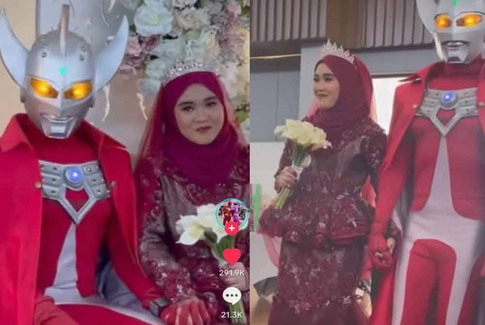 Tangkap layar video pengantin lelaki bersanding mengenakan kostum Ultraman Taro tular di TikTok.