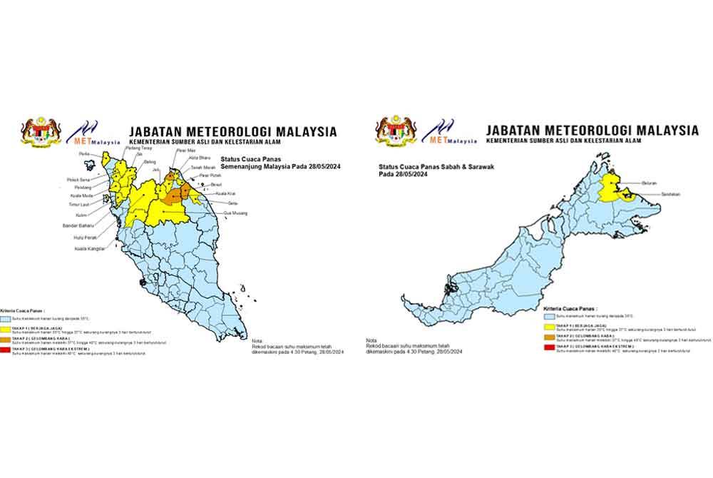 Status cuaca panas Semenanjung dan Sabah serta Sarawak pada 28 Mei.