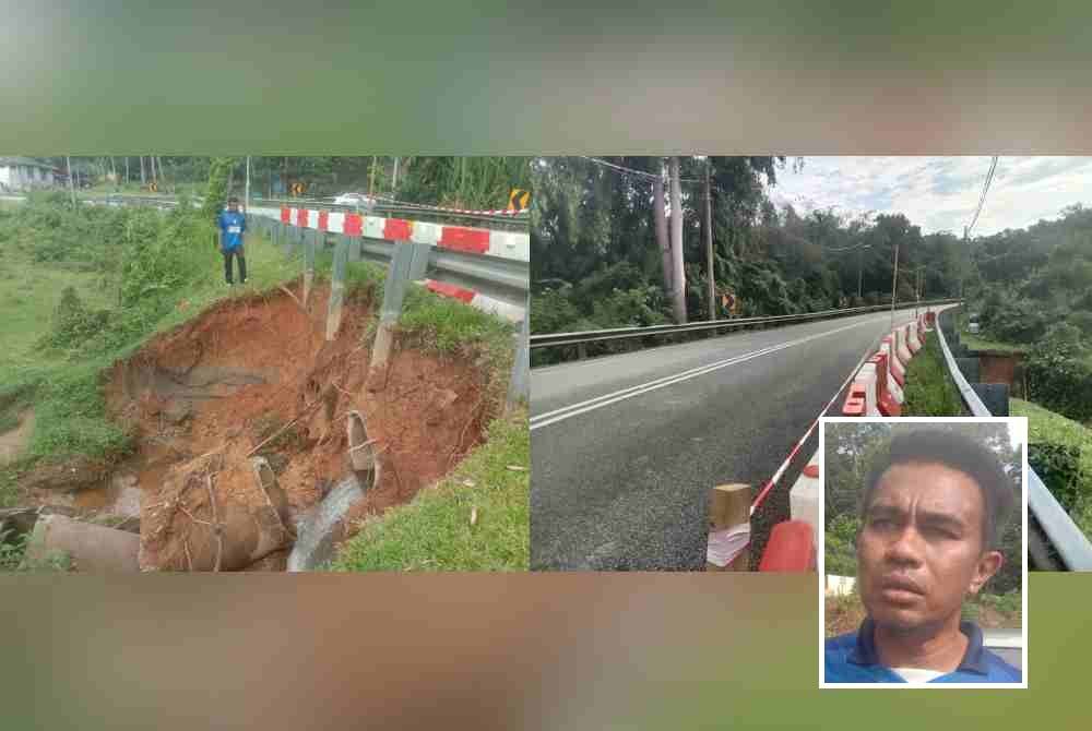 Hujan lebat pada awal pagi Rabu minggu lalu menyebabkan berlakunya runtuhan tebing jalan berhampiran Kampung Seginyeh,Jalan Inas di sini. Lokasi kejadian juga merupakan jalan utama Kampung Batu (Rembau) - Inas (Kuala Pilah) dan bilangan trafik yang melaluinya mencatat ratusan kenderaan setiap hari. Gambar kecil: Mohd Zahairudin