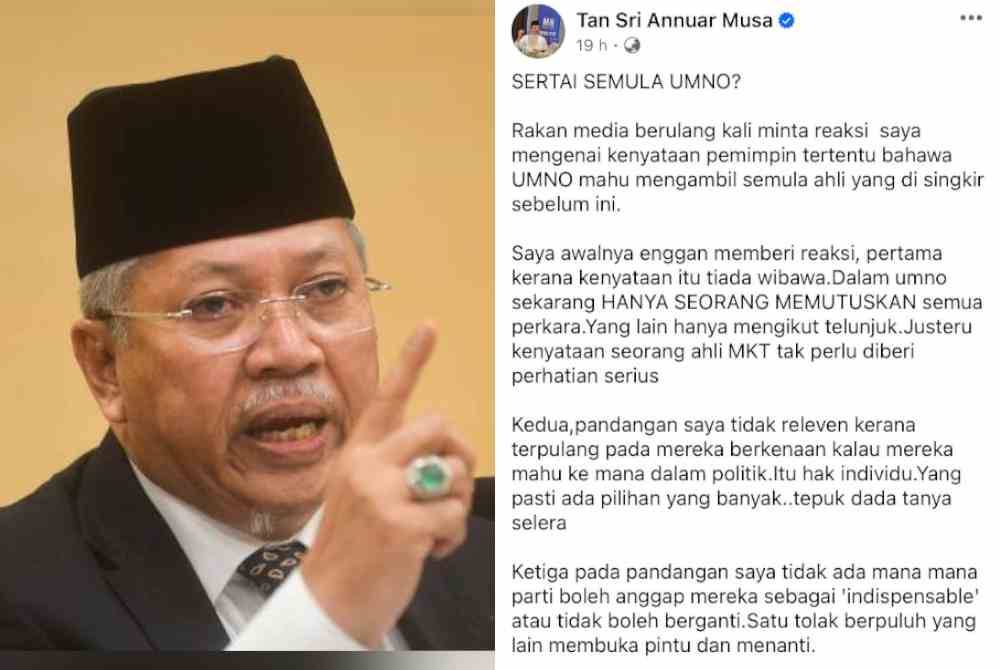 Tangkap layar kenyataan Annuar Musa menerusi hantaran di Facebook pada Selasa.