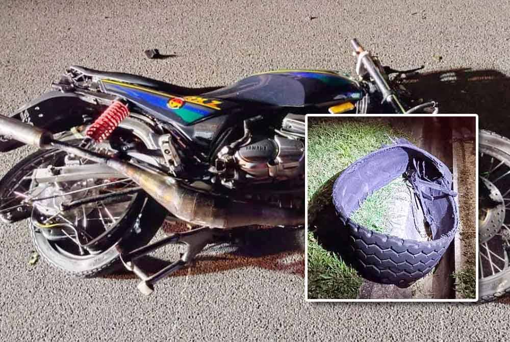 Motosikal Yamaha RXZ yang ditunggangi mangsa terlibat dalam kemalangan maut. Gambar kecil: Serpihan tayar yang dipercayai punca seorang penunggang motosikal maut dalam perjalanan berkonvoi dari Melaka ke Johor.