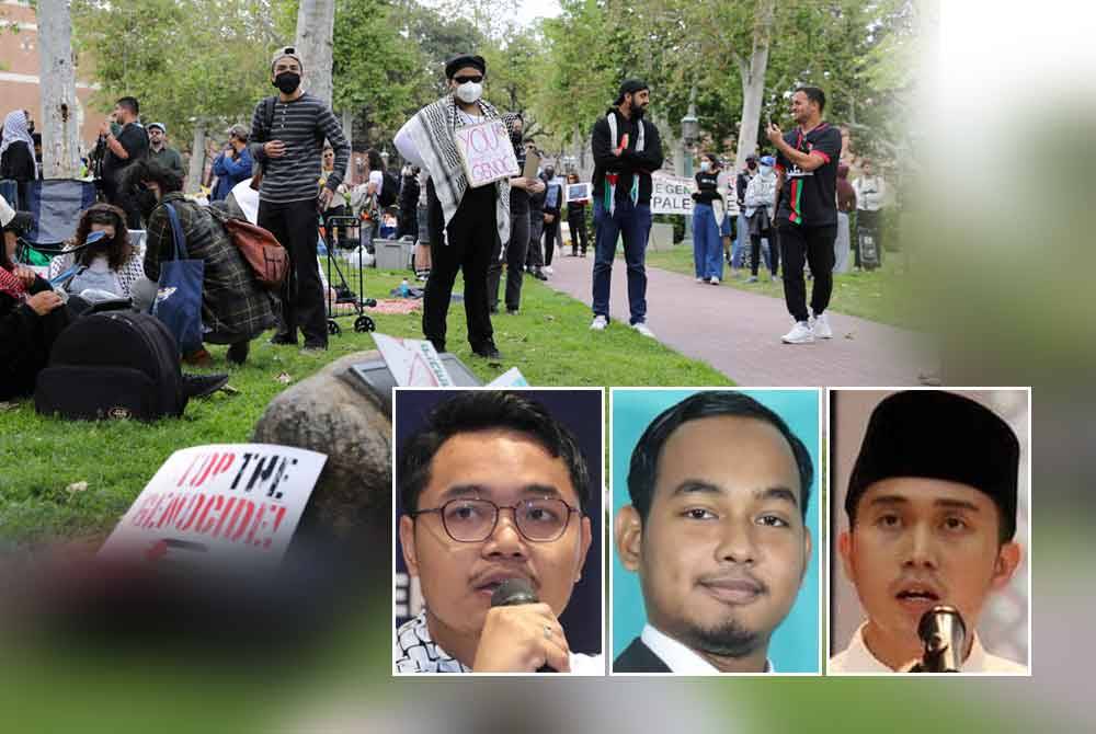 Pelajar membina khemah protes untuk menyokong rakyat Palestin di Taman Alumni Universiti Southern California di tengah-tengah konflik berterusan antara Israel dan kumpulan Islam Palestin Hamas di Los Angeles, California - Foto: Reuters, gambar kecil dari kiri: Muhammad Dzul Aiman, Imran, Mohamed Yusof Hassan