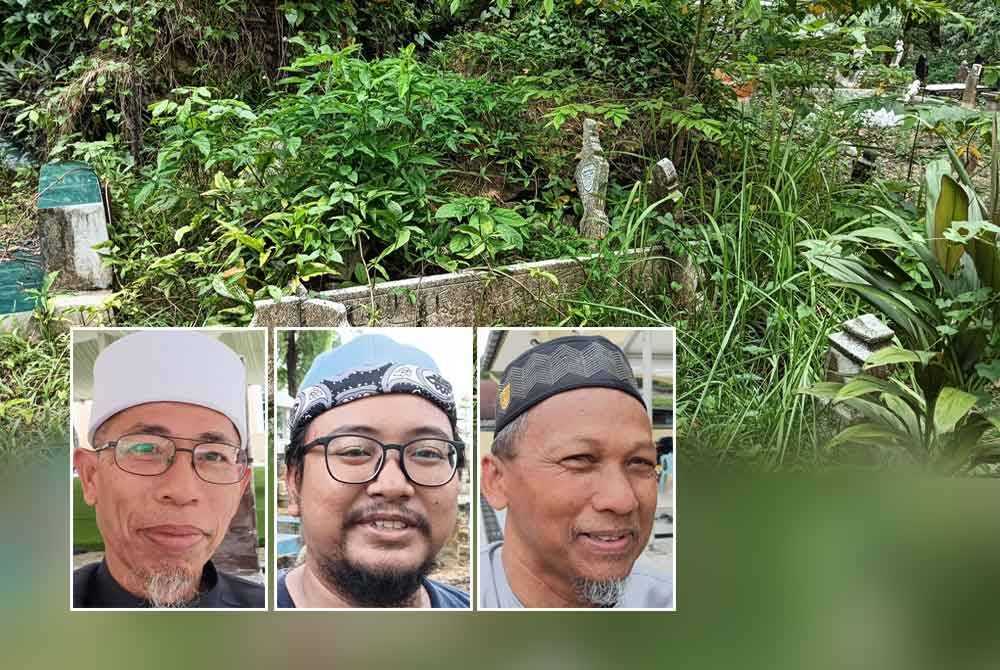 Semak samun yang tidak diselenggara dengan baik menutup pusara sedia ada di Tanah Perkuburan Islam Mahmoodiah, Johor Bahru. Gambar kecil dari kiri: Masri Sapuan, Fakrul, Mohd Ghazali