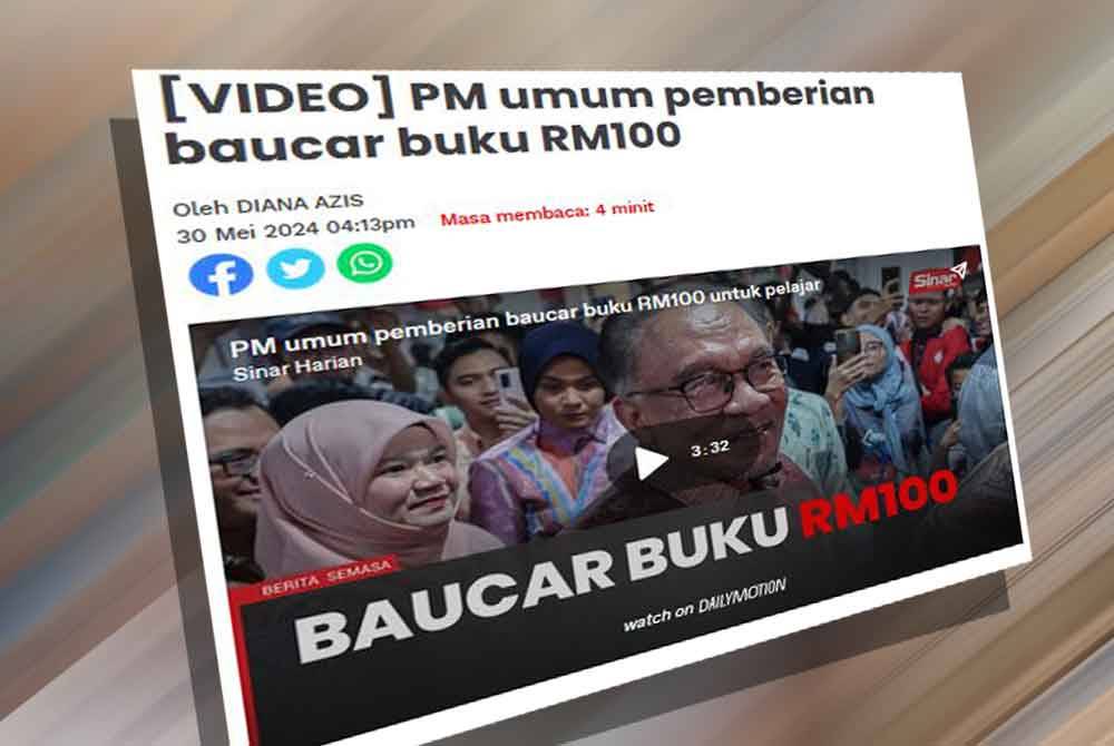 Perdana Menteri, Datuk Seri Anwar Ibrahim pada Khamis mengumumkan pemberian baucar buku bernilai RM100 kepada murid sekolah rendah bermula Tahun 4, pelajar sekolah menengah dan IPT.