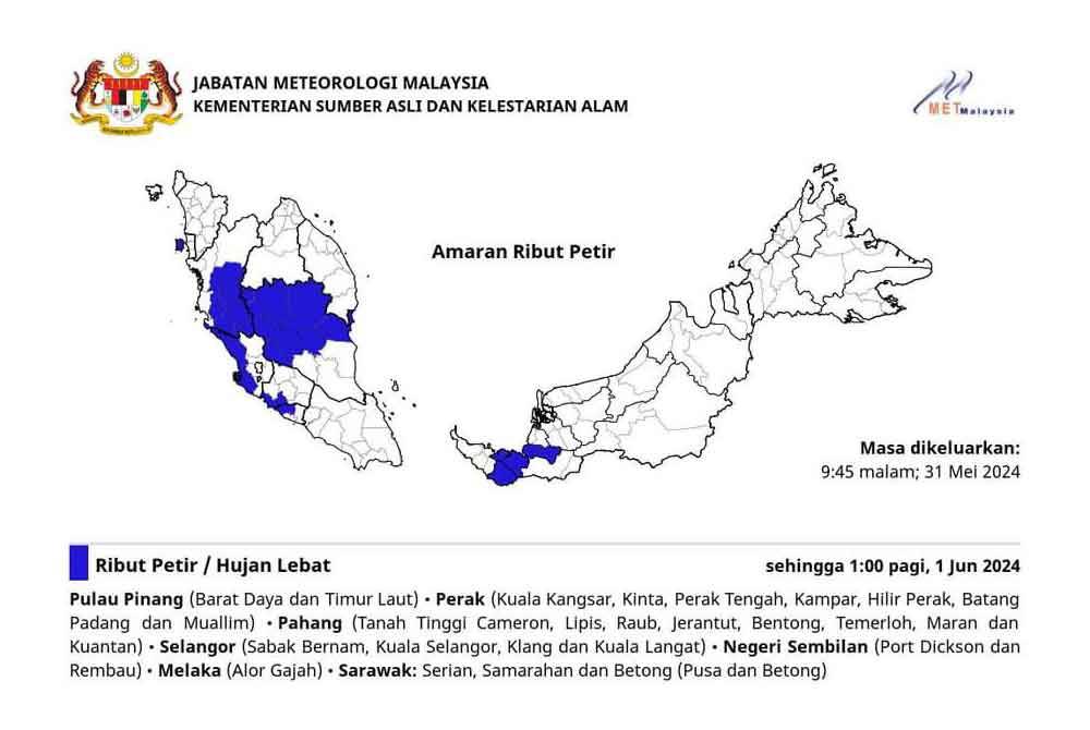 MetMalaysia mengeluarkan amaran ribut petir dan hujan lebat di tujuh negeri sehingga Sabtu.