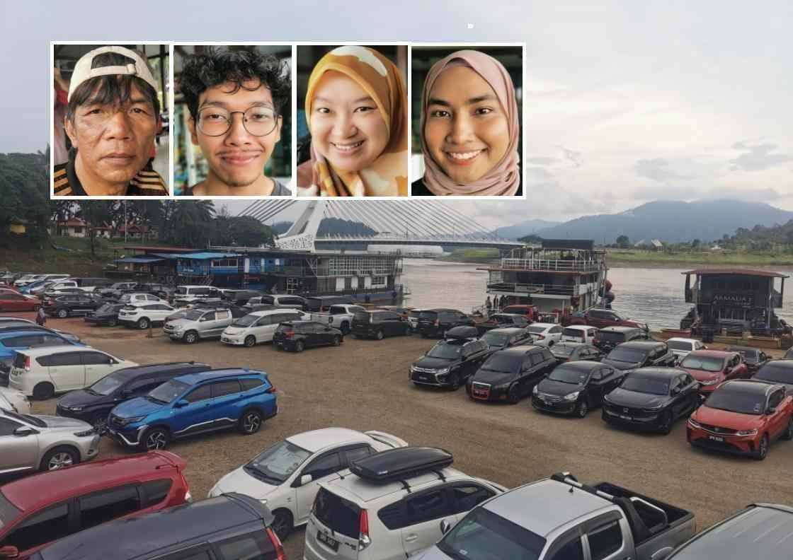 Secara purata sebanyak 50 hingga 70 buah kereta yang memasuki pekarangan jeti bot laju dan houseboat di Tasik Kenyir sepanjang musim cuti sekolah kali ini. Gambar kecil: Mokhtar, Aqil Fatih, Wan Saidatul Anisah dan Nurul Fatihah.