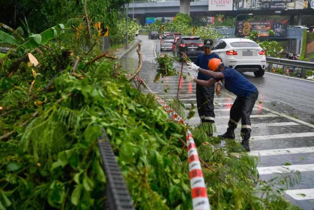 Skuad Penyelamat Dewan Bandaraya Kuala Lumpur (DBKL) melakukan kerja-kerja pembersihan selepas sebatang pokok tumbang yang menyebabkan berlaku kesesakan jalan raya berhampiran Bulatan Pahang, pada Sabtu. Foto Bernama