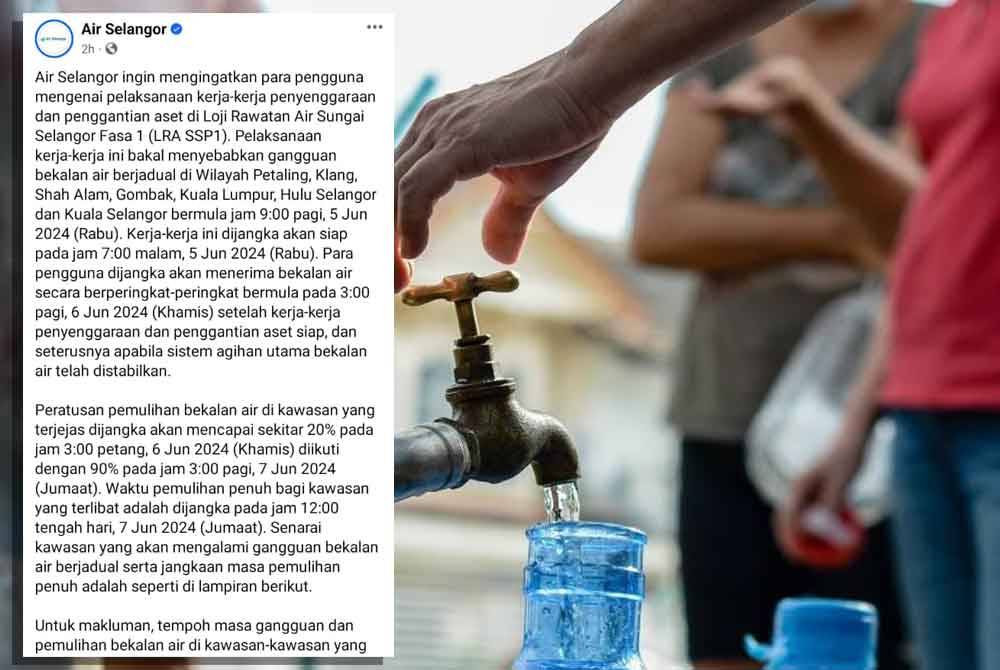 Pengguna di tujuh daerah disaran simpan bekalan air sepanjang kerja-kerja penambahbaikan aset Loji Rawatan Air Sungai Selangor Fasa 1 pada Rabu bermula jam 9 pagi.- Gambar hiasan