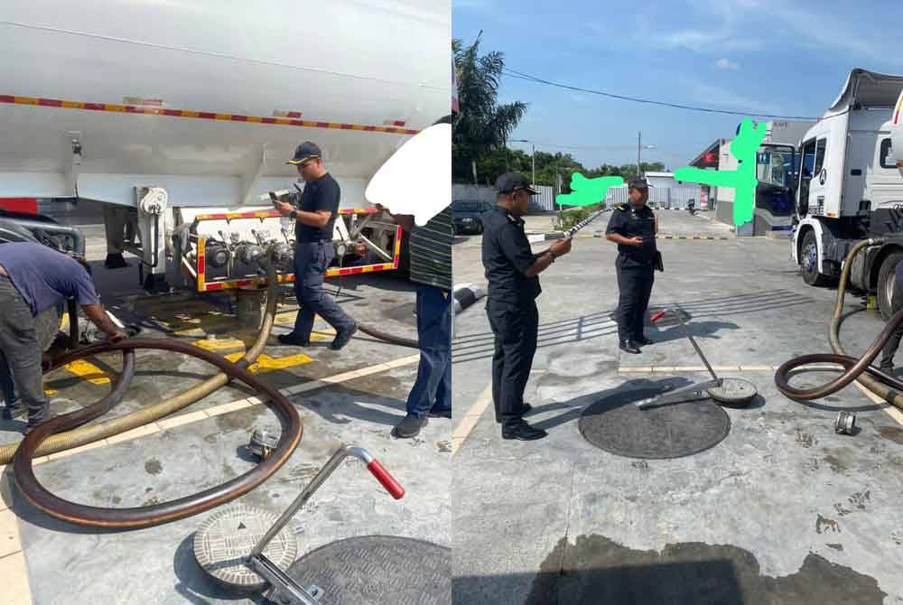 Pasukan petugas KPDN memeriksa sebuah lori tangki yang dipercayai cuba menyeleweng bahan api bersubsidi negara semasa diserbu di sebuah stesen minyak di sekitar Shah Alam, Selangor pada Jumaat. Foto KPDN