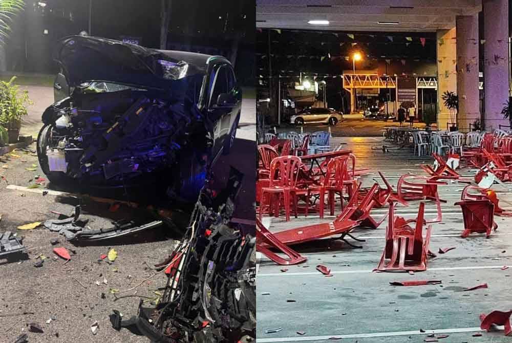 Keadaan kenderaan SUV yang dipercayai hilang kawalan sebelum terbabas dalam kawasan parkir gereja di Jalan SS 25/23 dekat Taman Plaza di sini pada Sabtu.