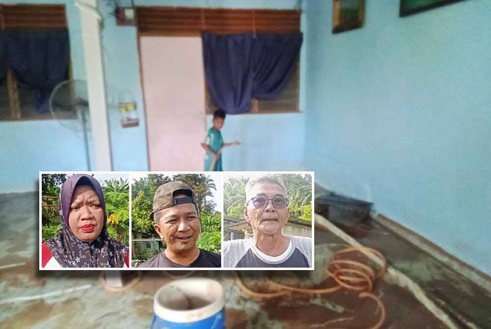 Keadaan kediaman Nornikman selepas banjir Sabtu lalu. Gambar kecil: Siti Saniah, Nornikman, dan Khairuddin