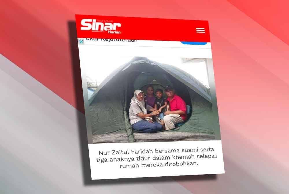 Tangkap layar laporan Sinar Harian mengenai penduduk yang masih tinggal di dalam khemah di Kampung Sri Makmur pada Ahad.