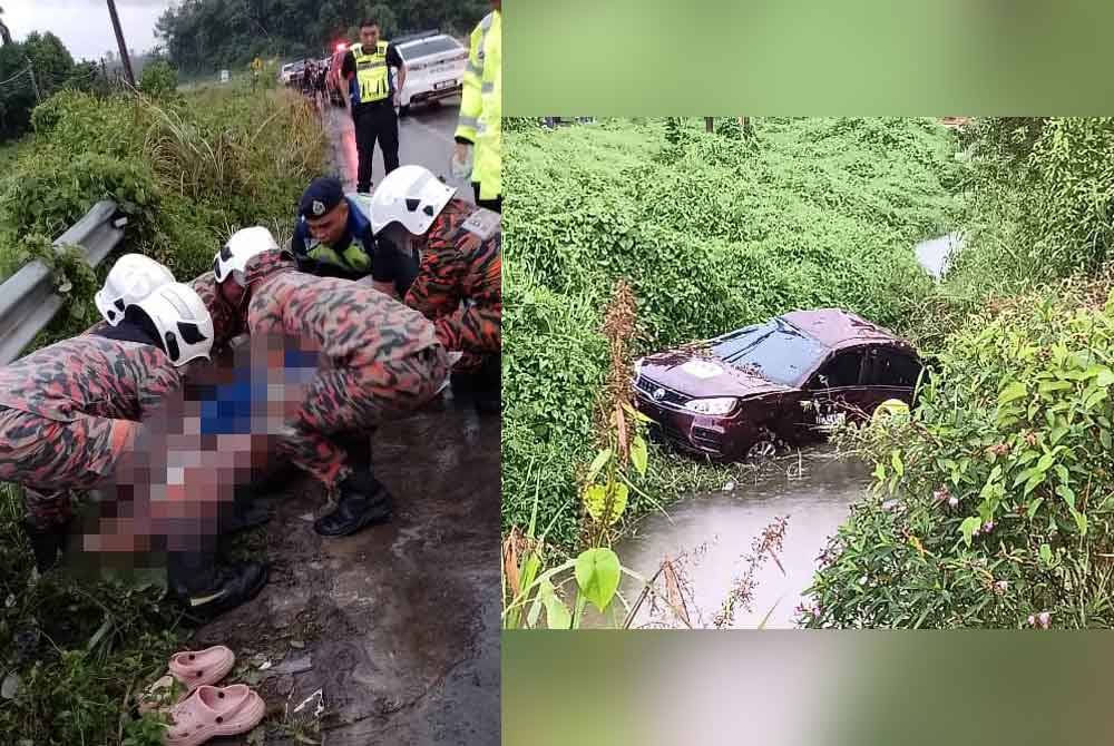 Pasukan bomba membantu mengeluarkan mangsa yang terlibat kemalangan di Kilometer 27 Jalan Pan Borneo, Papar.