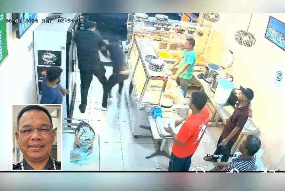 Tangkap layar video pergaduhan di sebuah kedai makan yang tular. Gambar kecil: Razlam