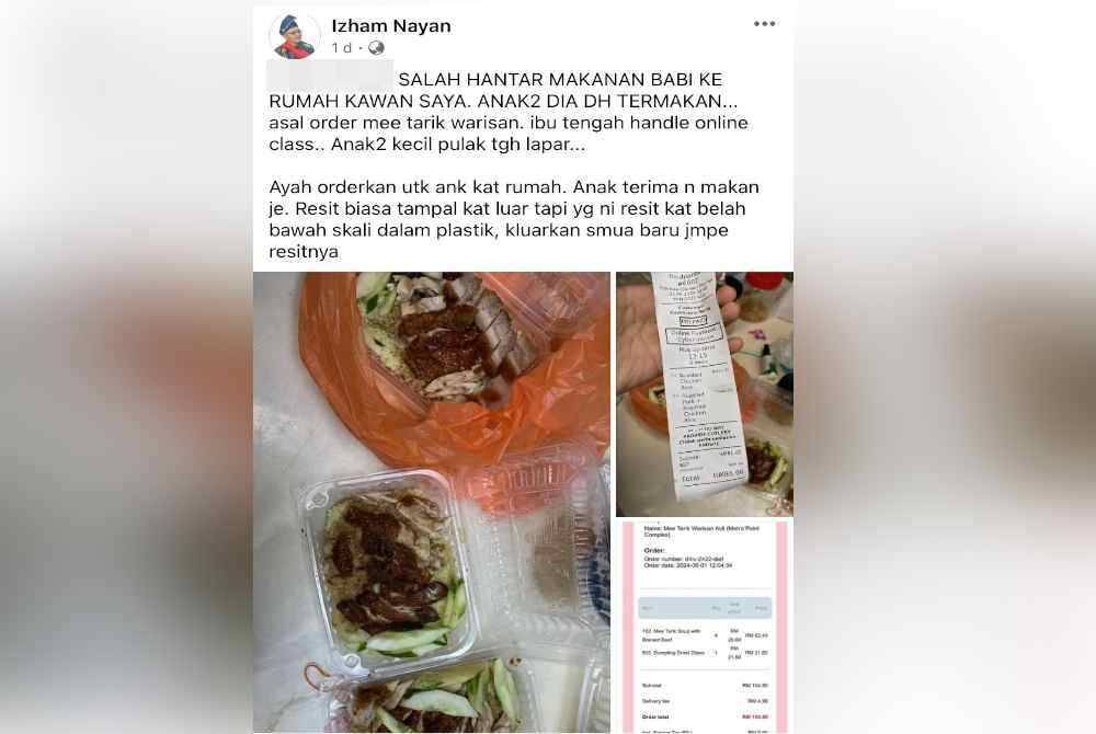 Tangkap layar hantaran yang tular di media sosial mengenai kesilapan &#039;rider&#039; hantar makanan berasaskan babi