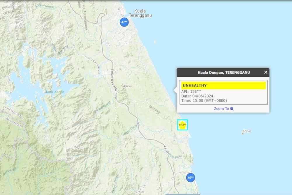 Kuala Dungun di Terengganu mencatatkan Indeks Pencemaran Udara (IPU) tidak sihat setakat 11 pagi ini dengan bacaan 153 ekoran kebakaran hutan belukar di Kampung Tok Kah.Foto APIMS