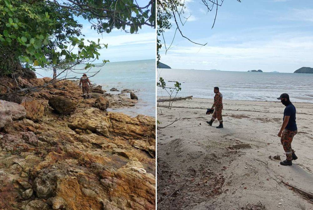 Anggota bomba melakukan operasi pencarian di pesisiran pantai mengesan pemuda yang disyaki hilang selepas keluar mencari kerang di Pantai Tenglu Laut, Mersing.