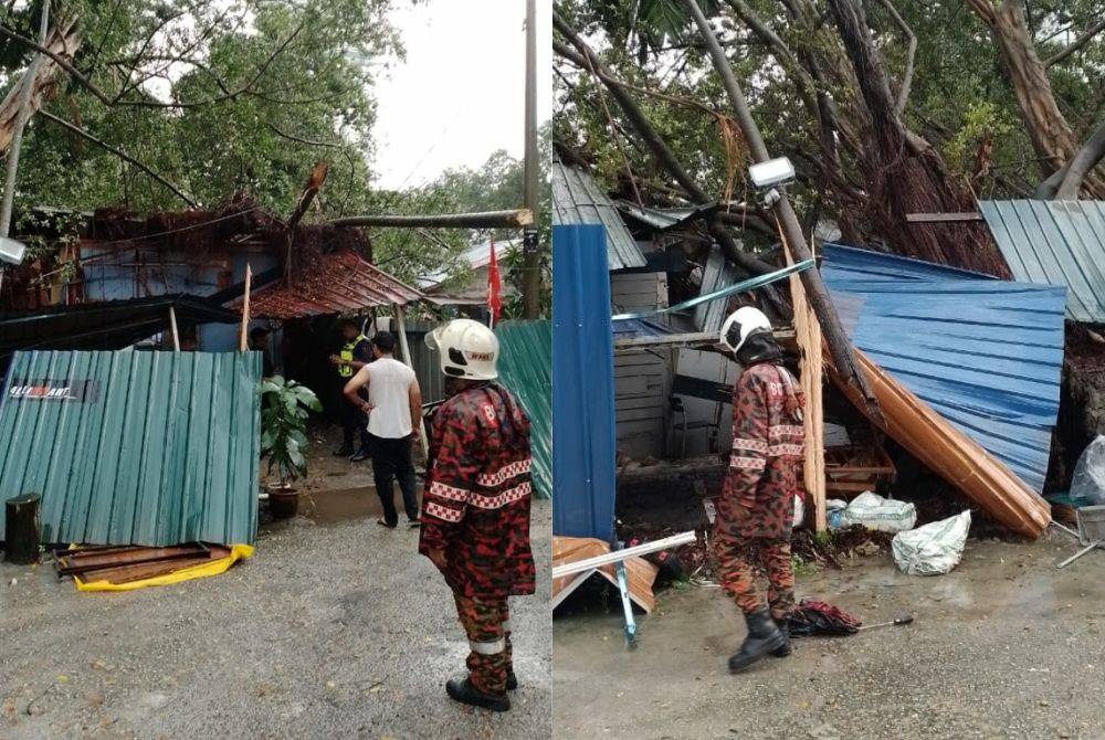 Anggota Bomba melihat sebatang pokok tumbang menghempap sebuah struktur gerai di Jalan Raja Muda Musa, Kampung Baru pada Selasa.