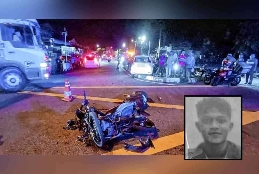 Motosikal Yamaha 135LC mangsa terlibat dalam kemalangan dengan sebuah kereta hingga meragut nyawanya di Jalan Tun Razak- Simpang Taman Ayer Keroh Height, di sini, pada malam Selasa. Gambar kecil: Muhibbuddin Fitri