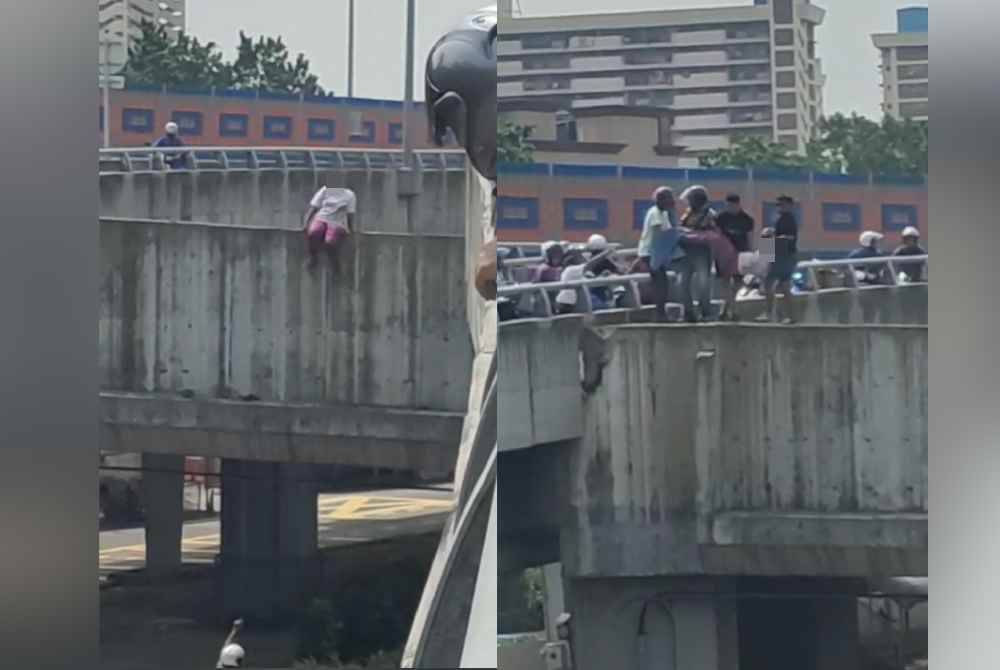 Tangkap layar rakaman video memaparkan tindakan orang awam menyelamatkan seorang wanita yang duduk di struktur jejambat Bulatan Pahang, Kuala Lumpur pada Jumaat.