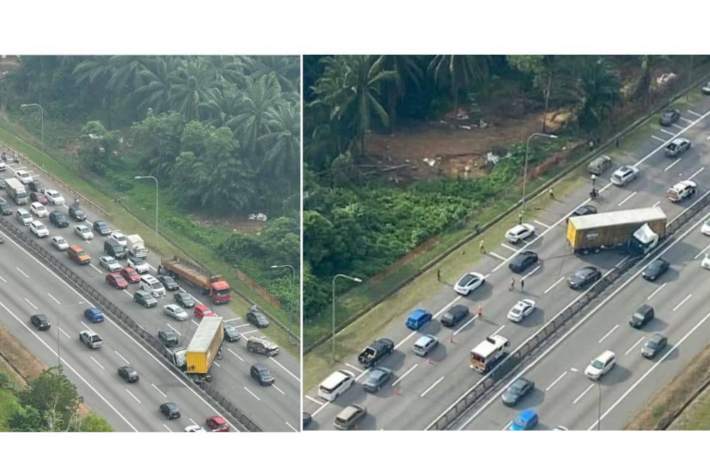 Laluan di Kilometer (km) 293.1 Lebuhraya Utara Selatan (PLUS) arah Selatan sesak sepanjang 8 km susulan kemalangan melibatkan sebuah treler dan tiga kereta pada Sabtu. Foto X Plus Trafik