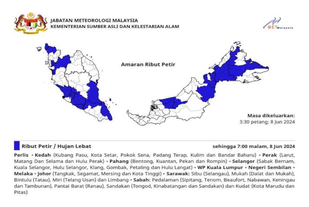 MetMalaysia mengeluarkan amaran ribut petir, hujan lebat dan angin kencang di 11 negeri setakat jam 3.30 petang Sabtu.