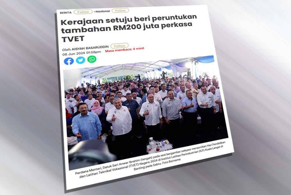 Anwar pada Sabtu mengumumkan kerajaan meluluskan peruntukan segera sebanyak RM200 juta bagi memperkasa dan meningkatkan penyertaan belia menceburi bidang TVET.