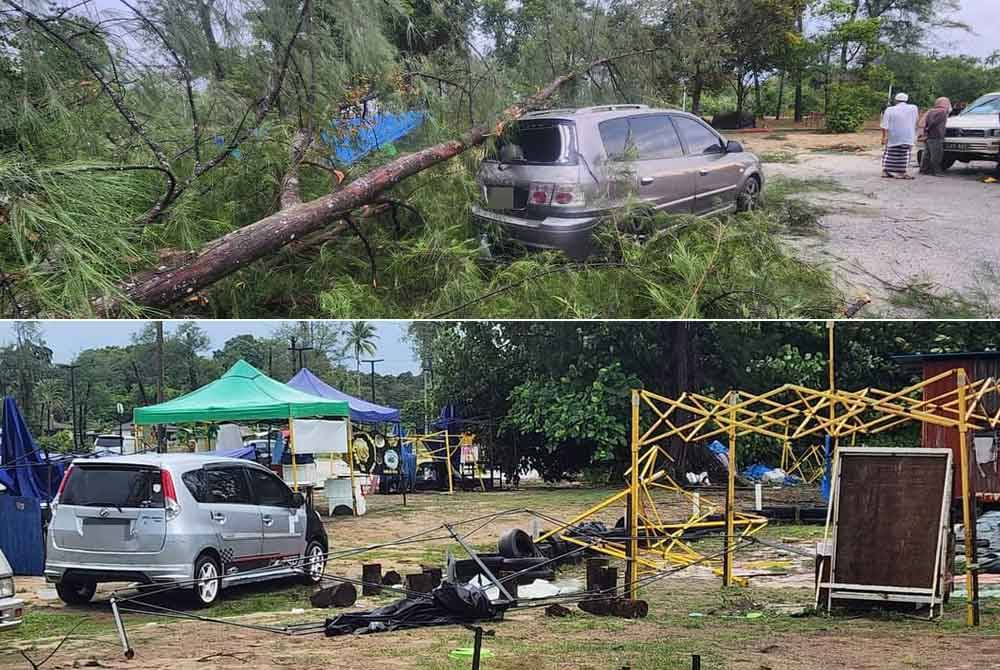 Sebuah kenderaan pelbagai guna (MPV) jenis Naza Citra dihempap pokok tumbang dalam kejadian ribut di Pantai Kempadang pada Sabtu.