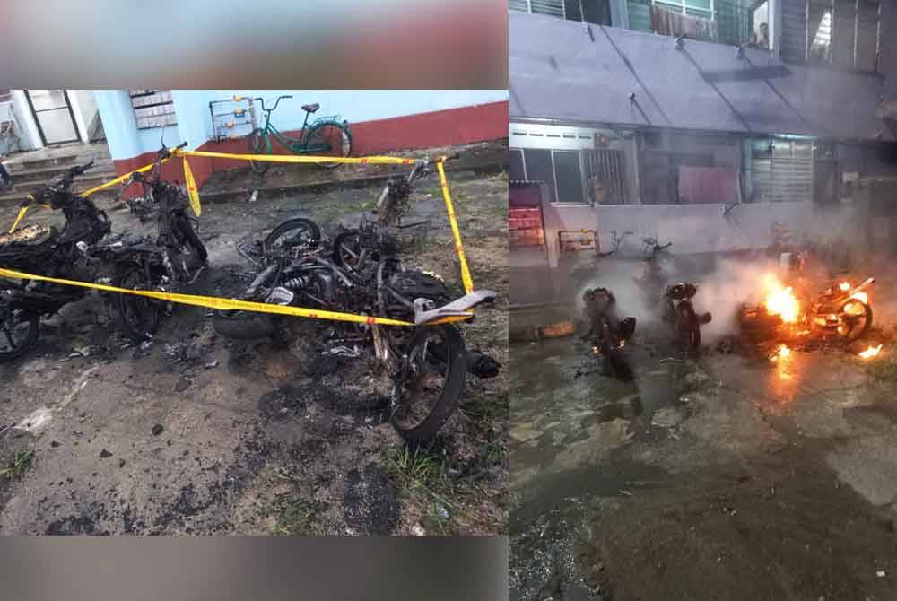 Empat motorsikal yang diletakkan tempat letak kenderaan dekat Flat SEDC, Taman Air Biru, Pasir Gudang musnah dalam kebakaran pada pagi Ahad. Foto JPBM Johor