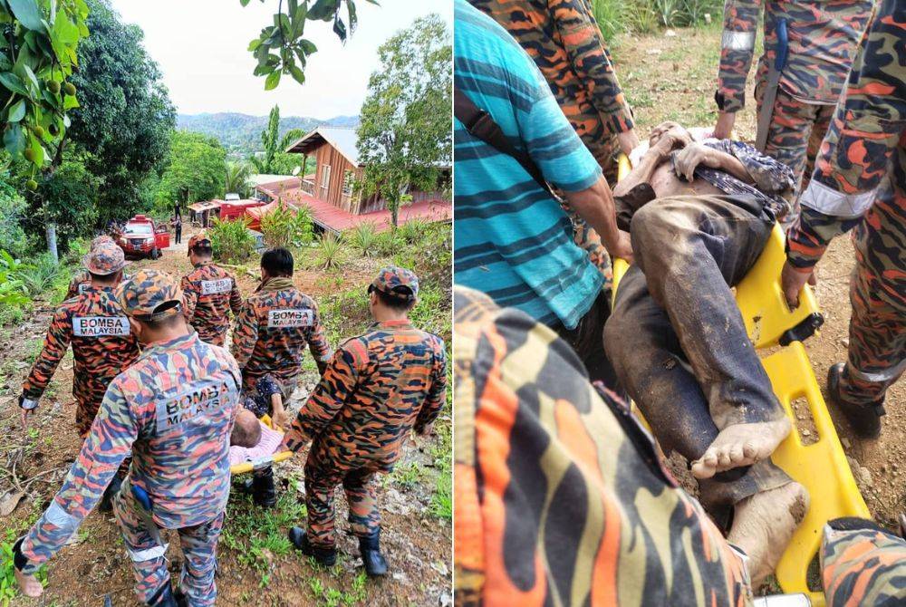 Mangsa dibawa menggunakan pengusung selepas ditemukan dalam keadaan keletihan dan tidak dapat berjalan di Kampung Kionsom Baru, Tamparuli, Tuaran.