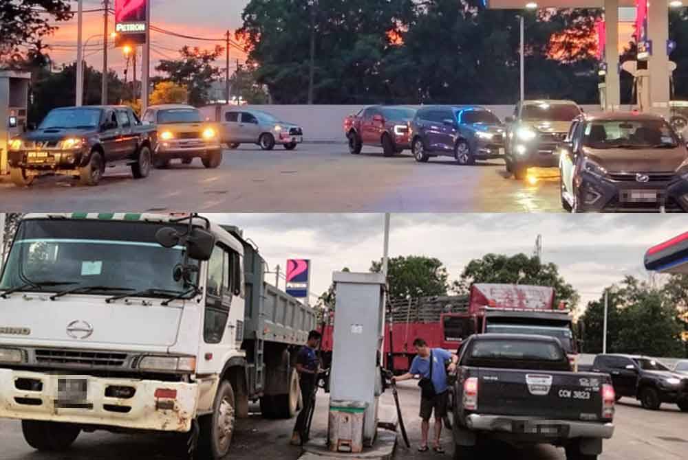 Pacuan empat roda dilihat beratur ketika tinjauan di sebuah stesen minyak di Rantau Panjang. Mohd Khairul Anuar (bawah) mengisi tangki trelernya dengan diesel selepas pengumuman kenaikan harga diesel