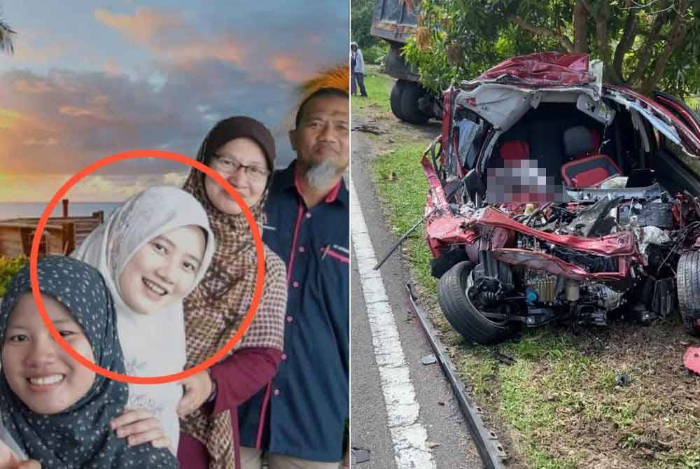 Nur Ain Fitriah (dua dari kiri) yang bergambar dengan ahli keluarganya sebelum ini. Gambar kanan: Keadaan kenderaan mangsa yang remuk selepas terbabit kemalangan. Foto Pembaca Sinar harian