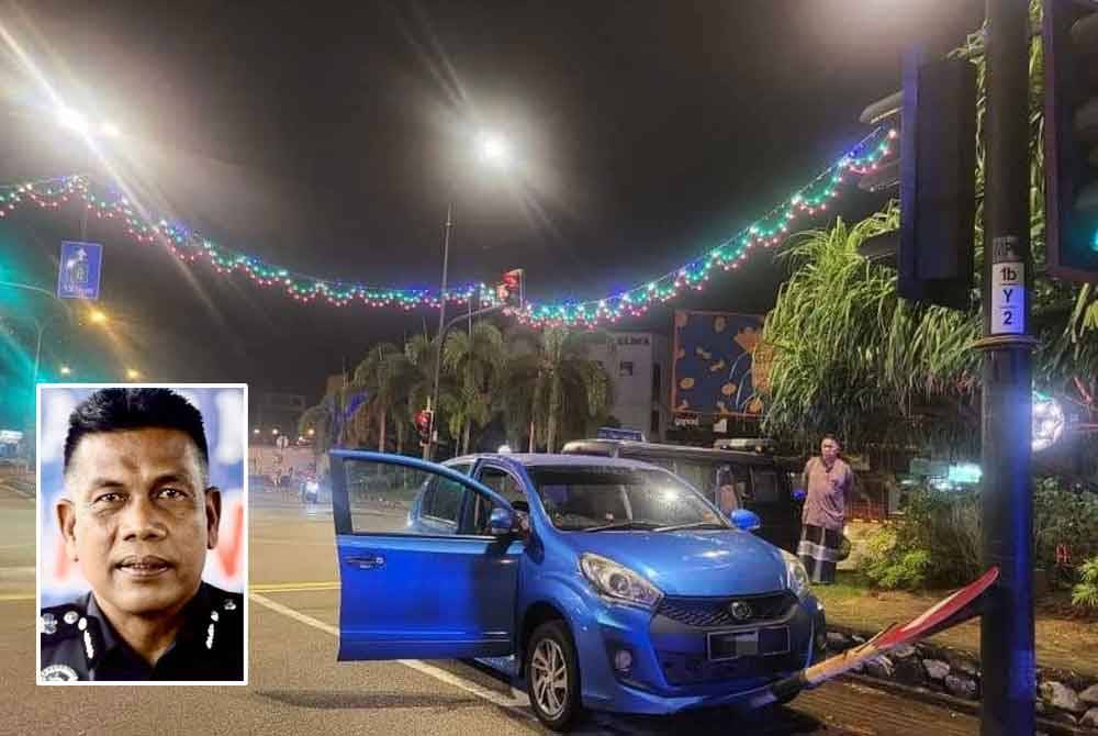 Keadaan kenderaan warga emas yang maut selepas kereta jenis Perodua Myvi dipandunya hilang kawalan lalu terbabas dan melanggar papan tanda lalu lintas di persimpangan empat lampu isyarat Jalan Bukit Ubi di sini pada Isnin. - Foto Facebook Polis Trafik Kuantan. (Gambar kecil: Wan Mohd Zahari)