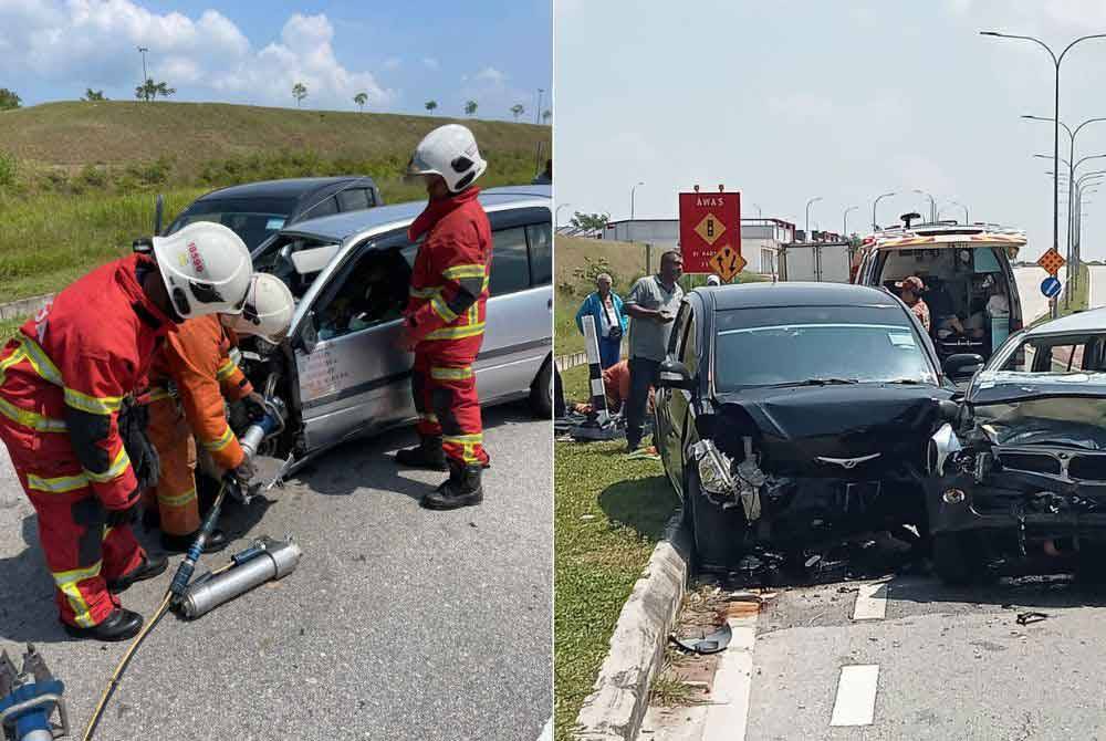 Seorang wanita warga Filipina maut selepas kereta dipandu terlibat kemalangan dengan sebuah kereta lain di Jalan Laman Sendayan, di sini pada Selasa. Foto JBPM