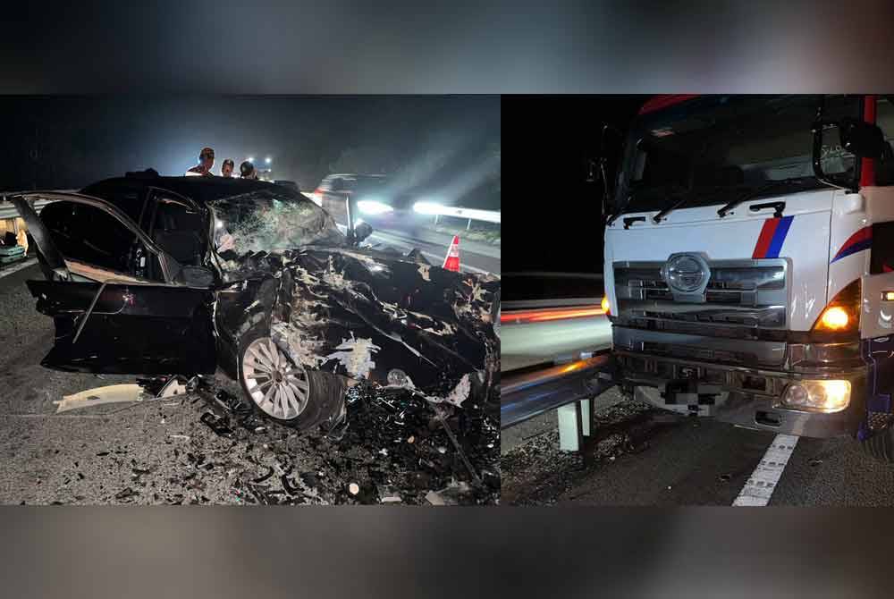 Kemalangan membabitkan sebuah kereta BMW 3 Series dan lori di Kilometer 123.6 Lebuhraya Plus arah selatan berhampiran Pagoh, pada malam Selasa. - Foto JBPM