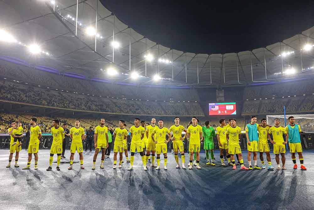 Pemain Harimau Malaya selepas tamat perlawanan Kumpulan D pusingan kedua bagi Kelayakan Piala Dunia 2026 dan Piala Asia 2027, Malaysia menentang Taiwan di Stadium Nasional Bukit Jalil. Foto Bernama