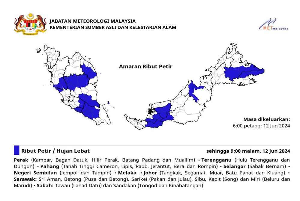 MetMalaysia mengeluarkan amaran ribut petir, hujan lebat dan angin kencang di sembilan negeri setakat jam 6 petang Rabu.