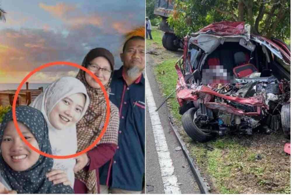 Nur Ain Fitriah (dua dari kiri) yang bergambar dengan ahli keluarganya sebelum ini. Gambar kanan: Keadaan kenderaan mangsa yang remuk selepas terbabit kemalangan. Foto Pembaca Sinar harian