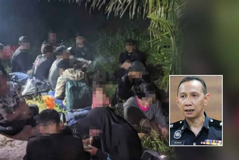 Antara warga asing yang ditahan di kawasan pantai Tanjong Rhu, Pulau Carey, Kuala Langat, pada Jumaat. Gambar kecil: Ahmad Ridhwan