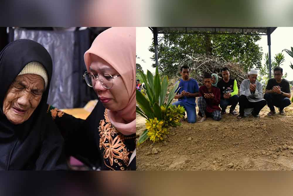 Nenek Allahyarham Zulkifli Yusof, Meah Md Saat, 91, (kiri) kelihatan sedih sejurus jenazah selamat tiba di kampung halaman pada 11.45 pagi tadi.